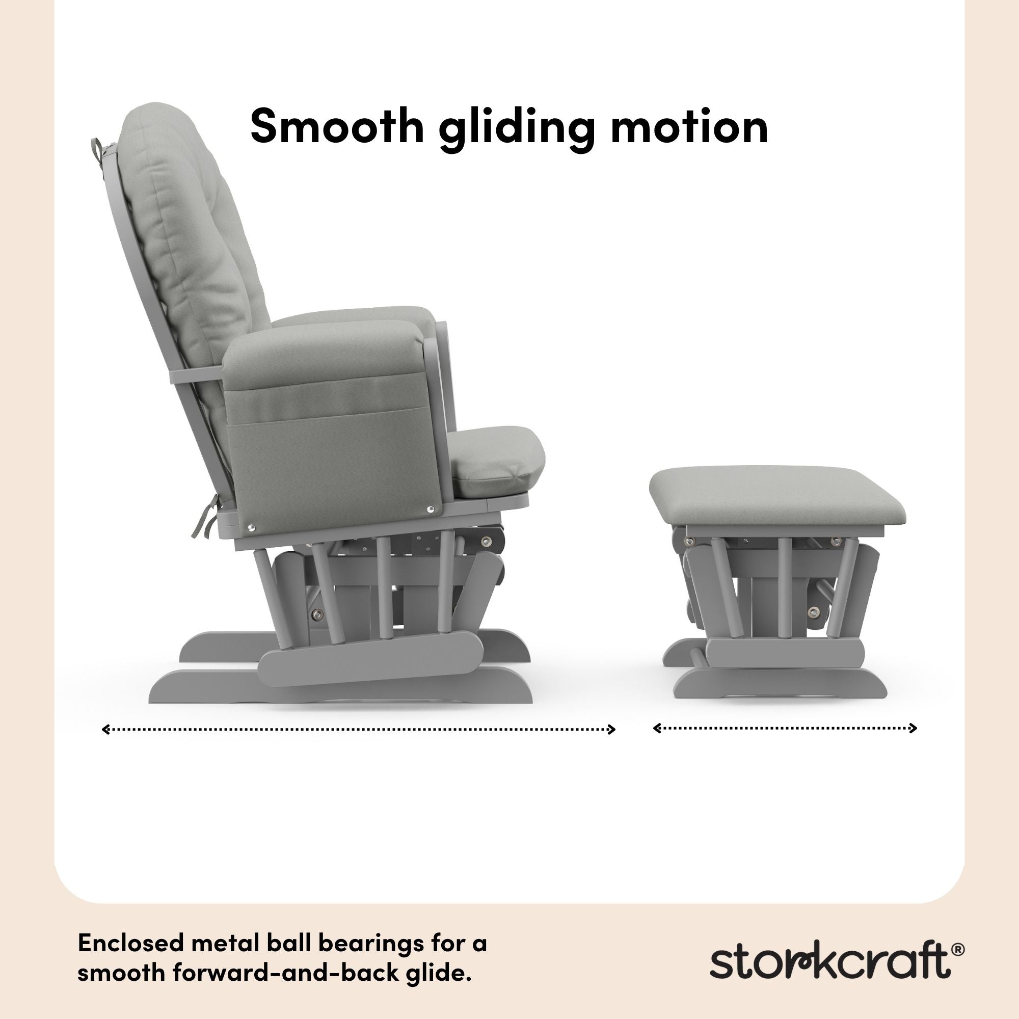 hoop glider and ottoman pebble gray frame with light gray cushions smooth gliding motion callout