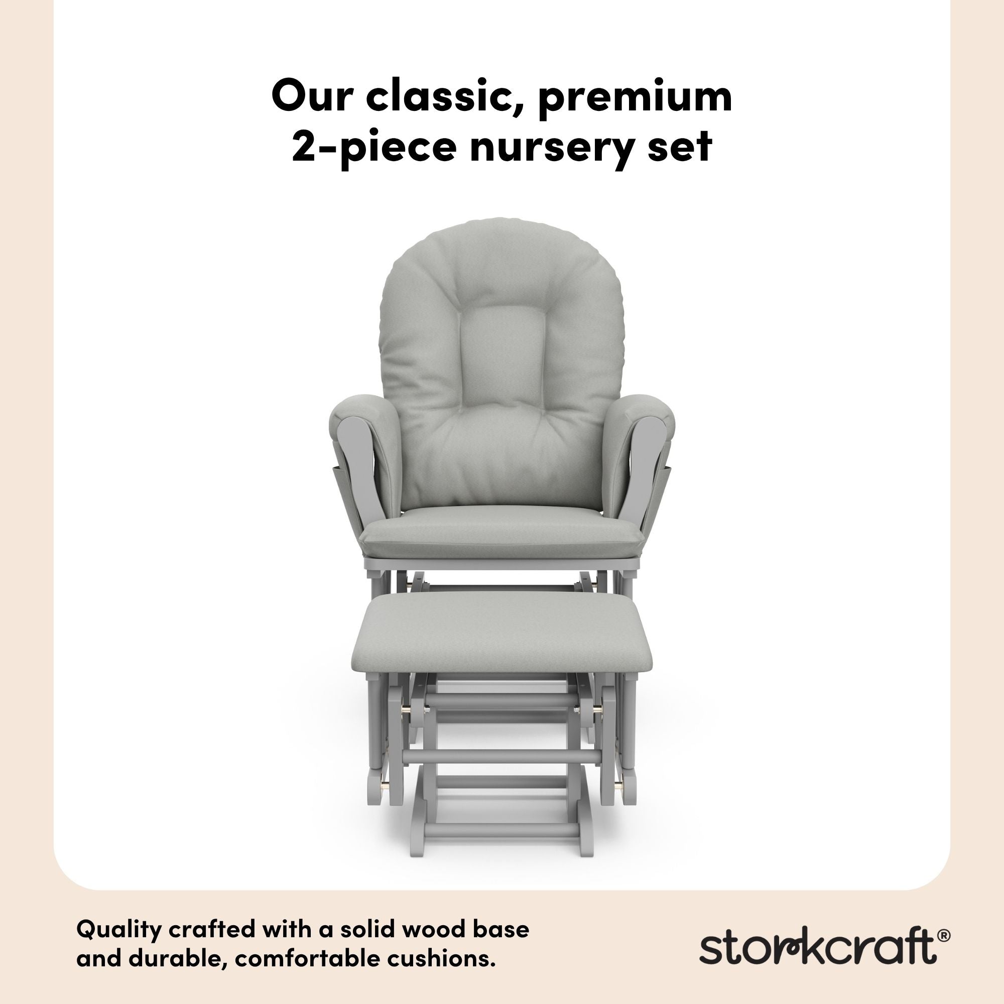 hoop glider and ottoman pebble gray frame with light gray cushions 2-piece nursery set callout