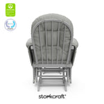 hoop glider and ottoman pebble gray frame with light gray cushions with GGG and PTPA logo on top left