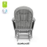 hoop glider and ottoman pebble gray frame with light gray cushions with GGG and PTPA logo on top left