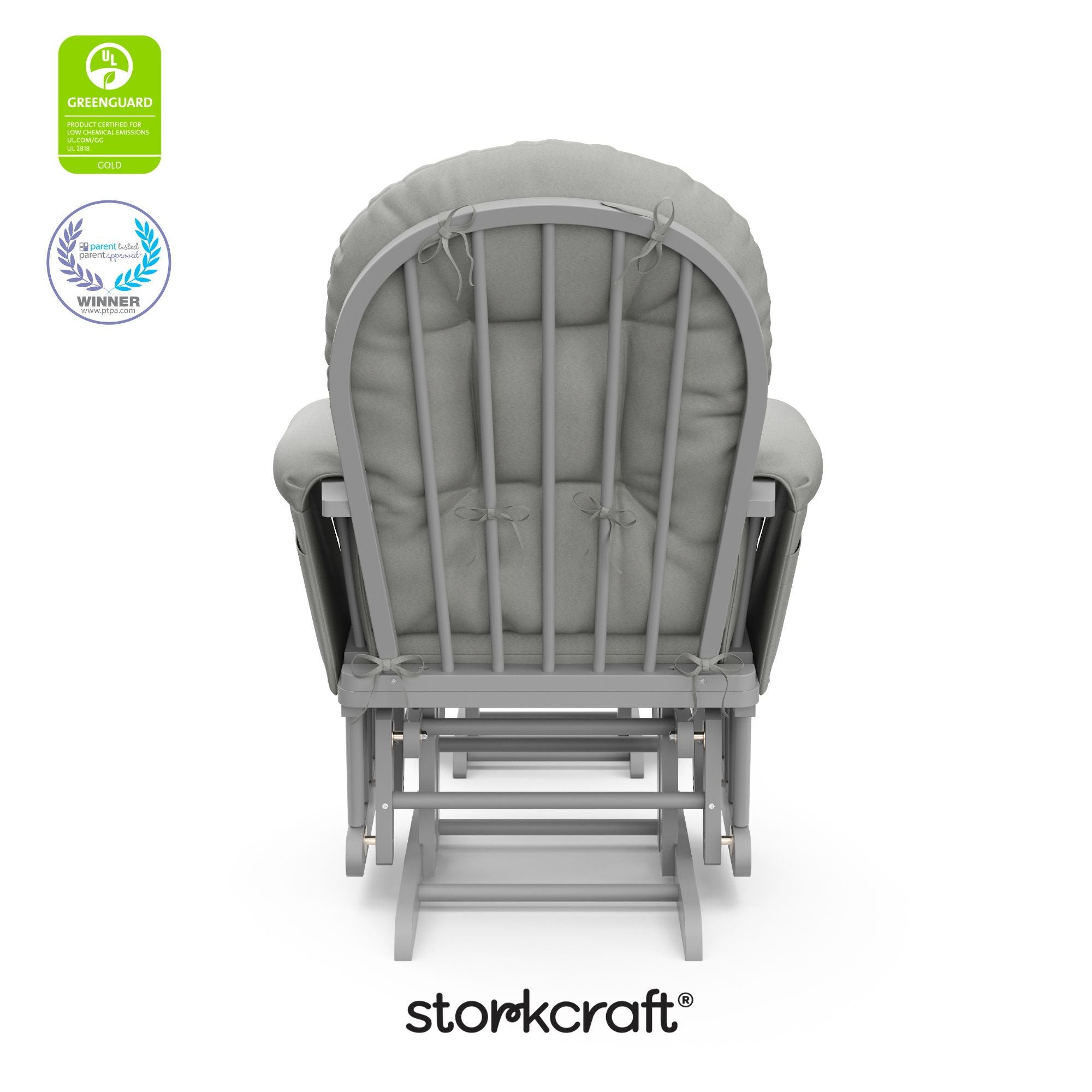 hoop glider and ottoman pebble gray frame with light gray cushions with GGG and PTPA logo on top left