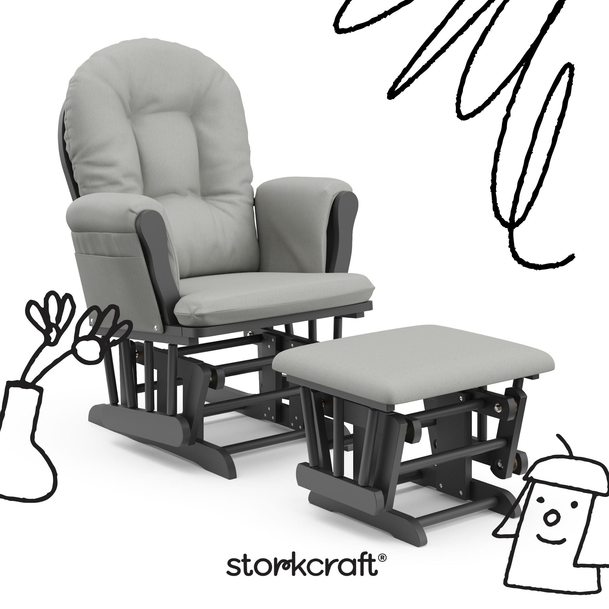 hoop glider and ottoman gray frame with light gray cushions with black doodles overlaid on image