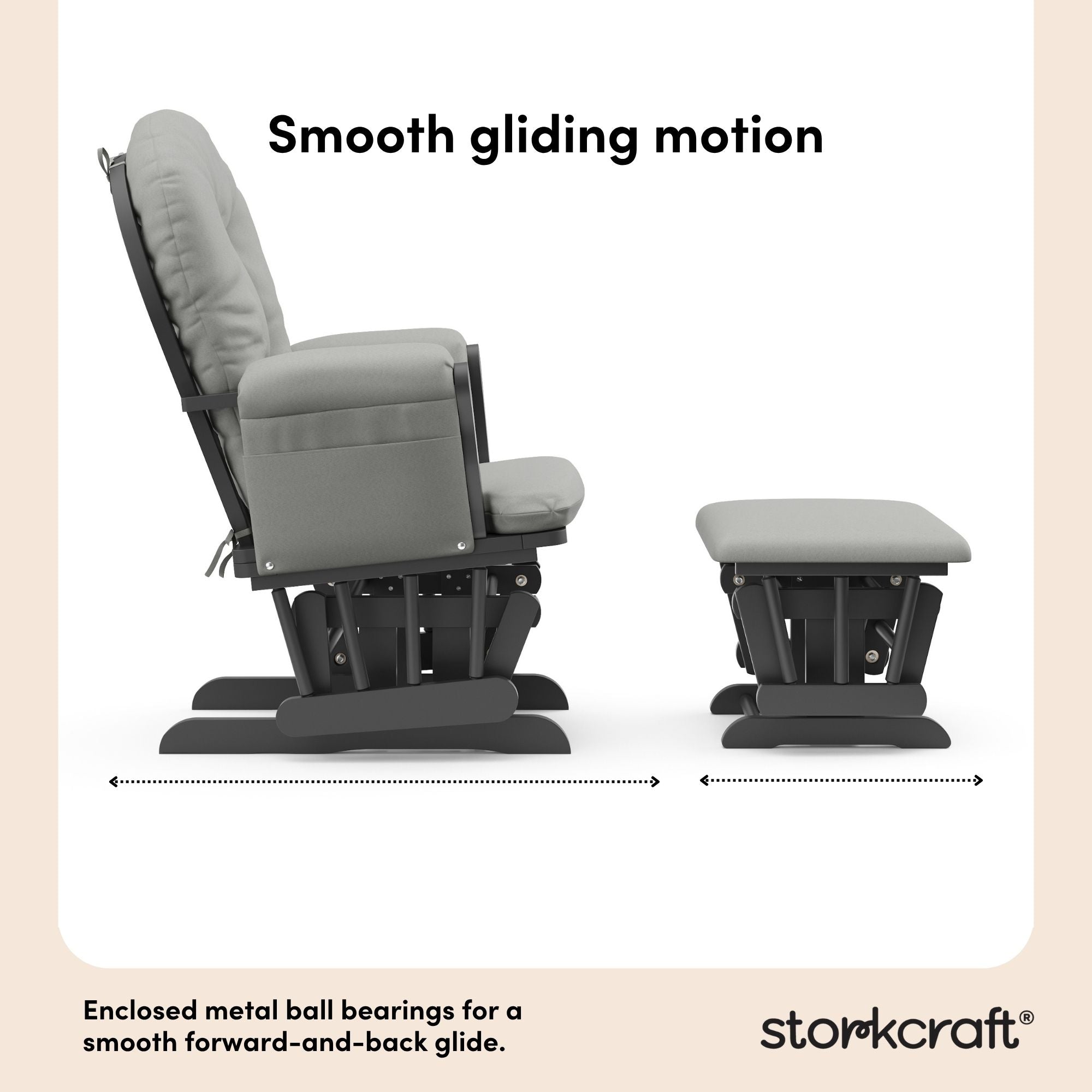 hoop glider and ottoman gray frame with light gray cushions smooth gliding motion callout