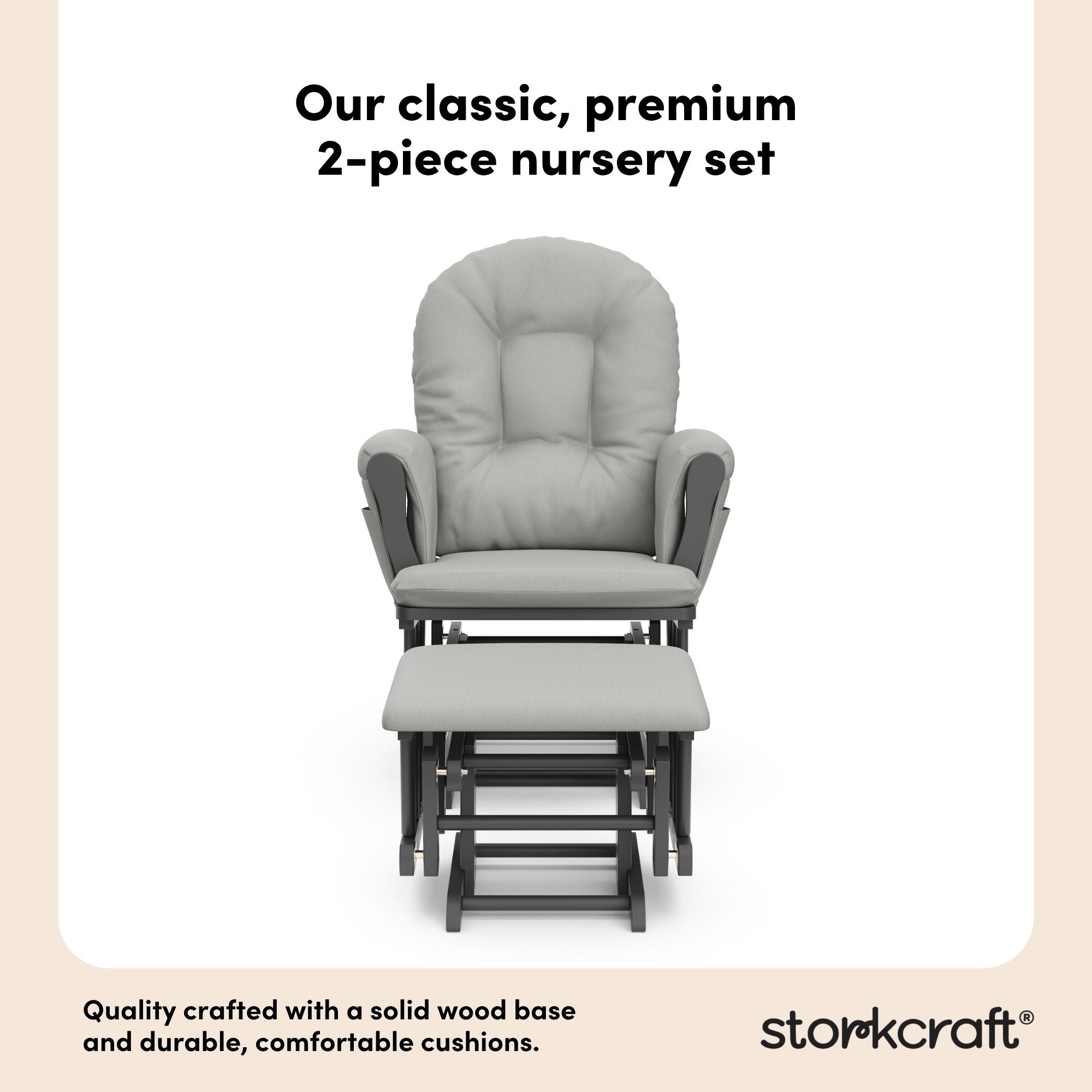 hoop glider and ottoman gray frame with light gray cushions 2-piece nursery set callout