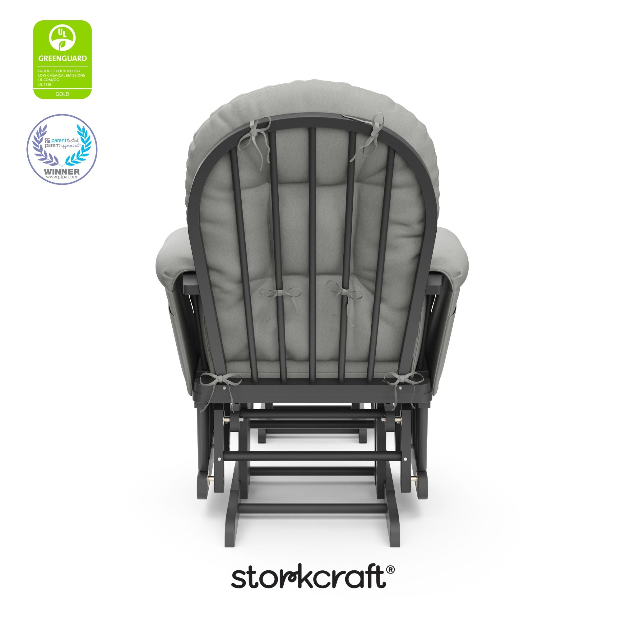 hoop glider and ottoman gray frame with light gray cushions with GGG and PTPA logo on top left