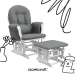 hoop glider and ottoman white frame with gray cushions with black doodles overlaid on image