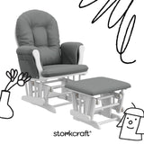 hoop glider and ottoman white frame with gray cushions with black doodles overlaid on image