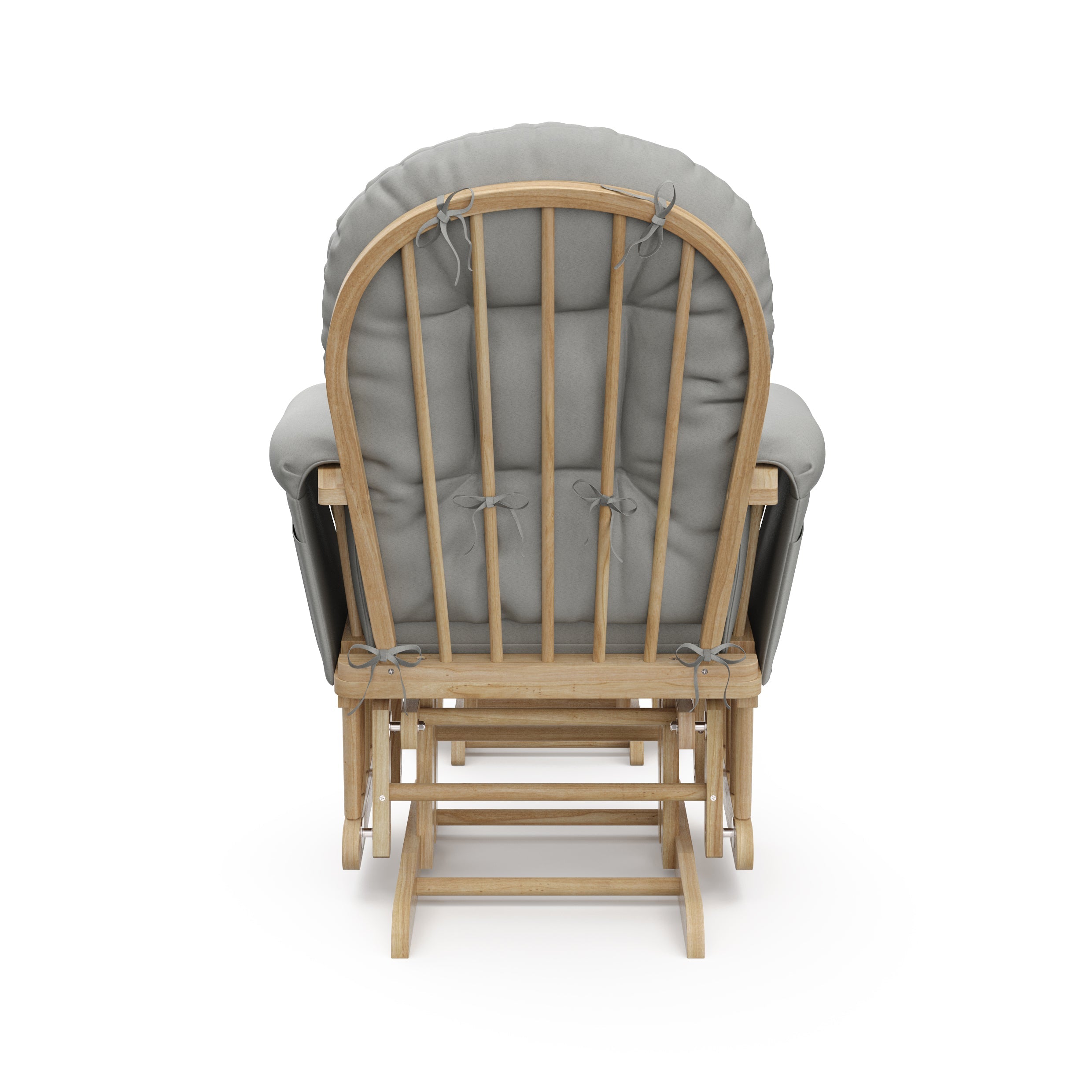 natural glider and ottoman with gray cushions back view