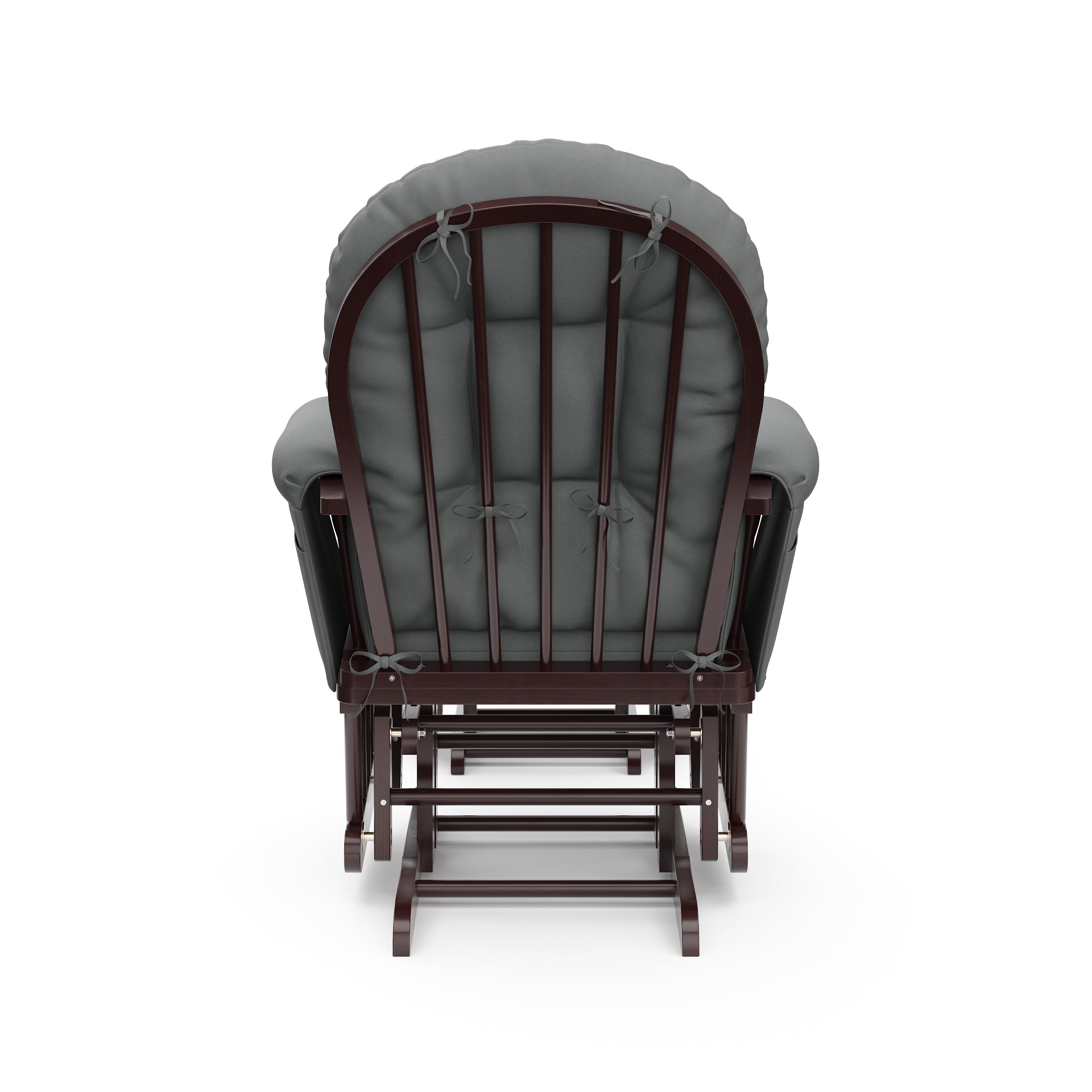 espresso glider and ottoman with gray cushions back view