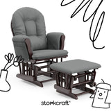 hoop glider and ottoman espresso frame with gray cushions with black doodles overlaid on image