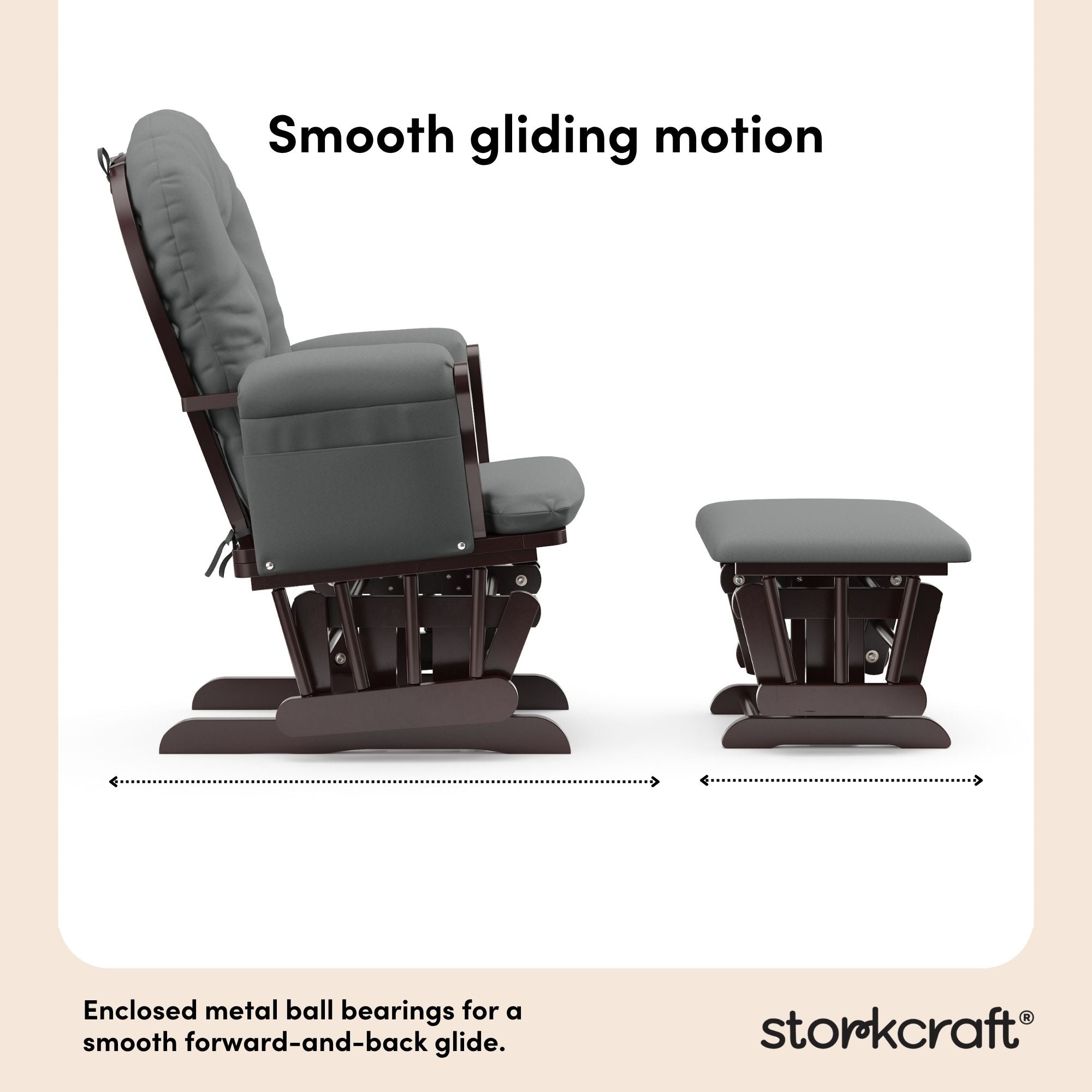 hoop glider and ottoman espresso frame with gray cushions smooth gliding motion callout