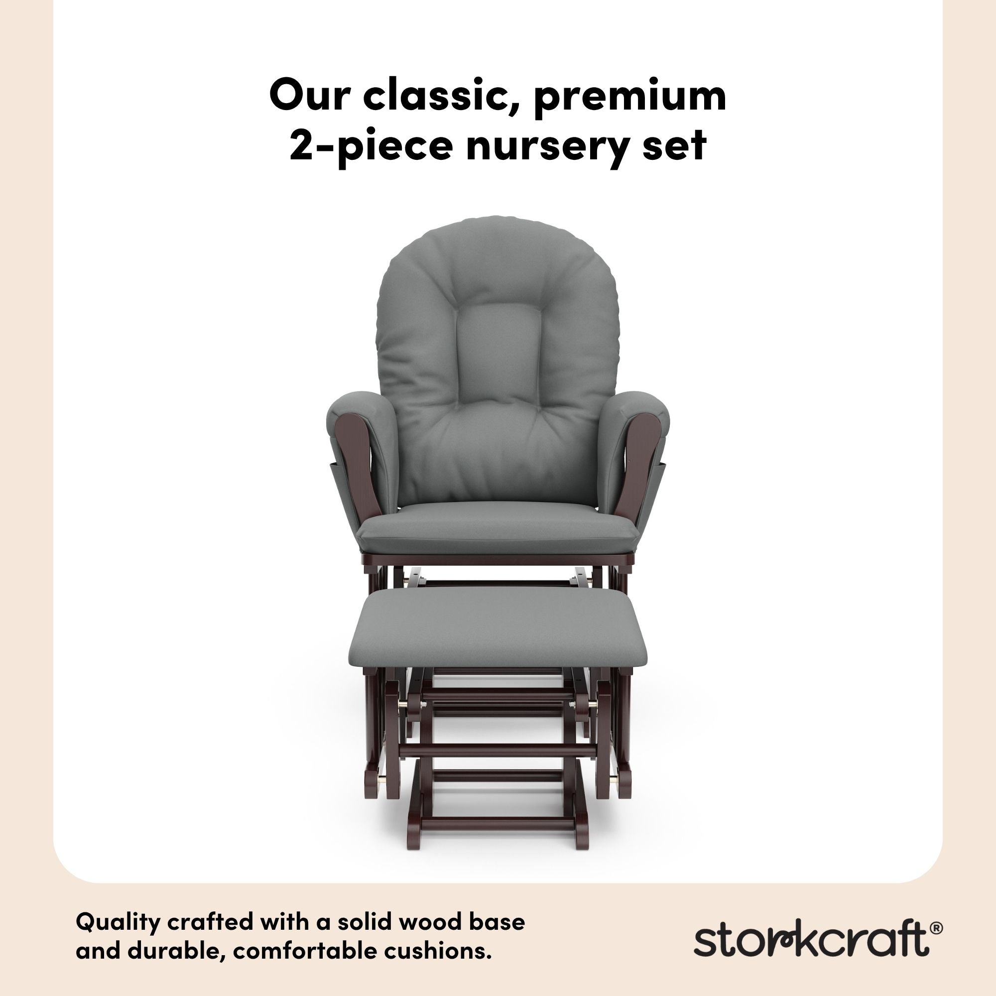 hoop glider and ottoman espresso frame with gray cushions 2-piece nursery set callout