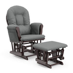 espresso glider and ottoman with gray cushions angled view