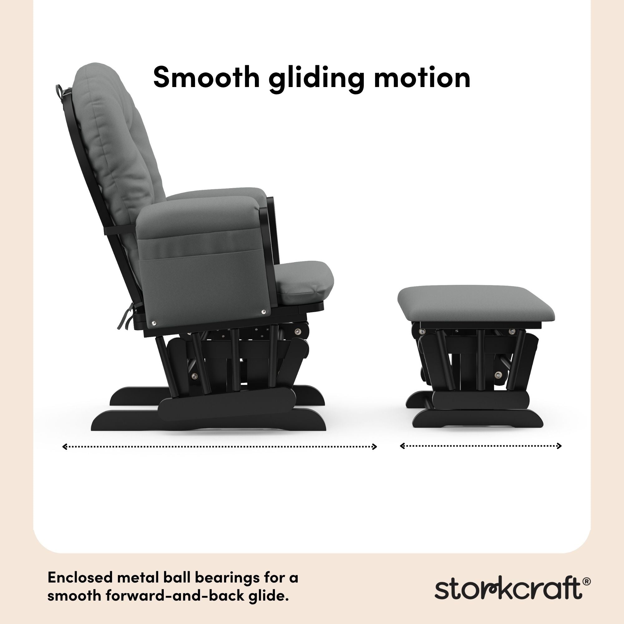 hoop glider and ottoman black frame with gray cushions smooth gliding motion callout