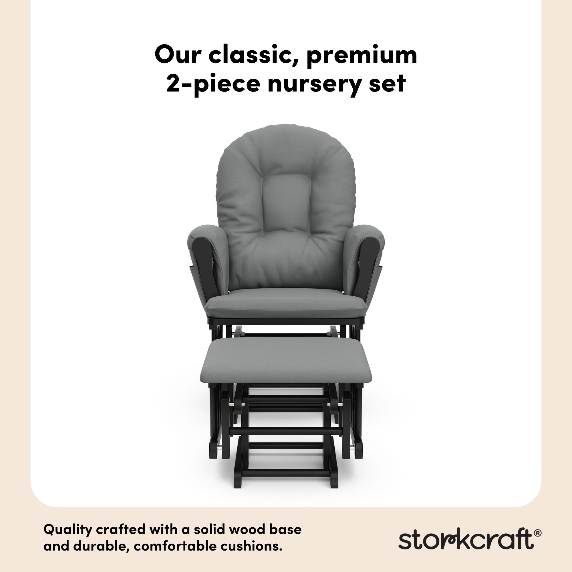 hoop glider and ottoman black frame with gray cushions 2-piece nursery set callout