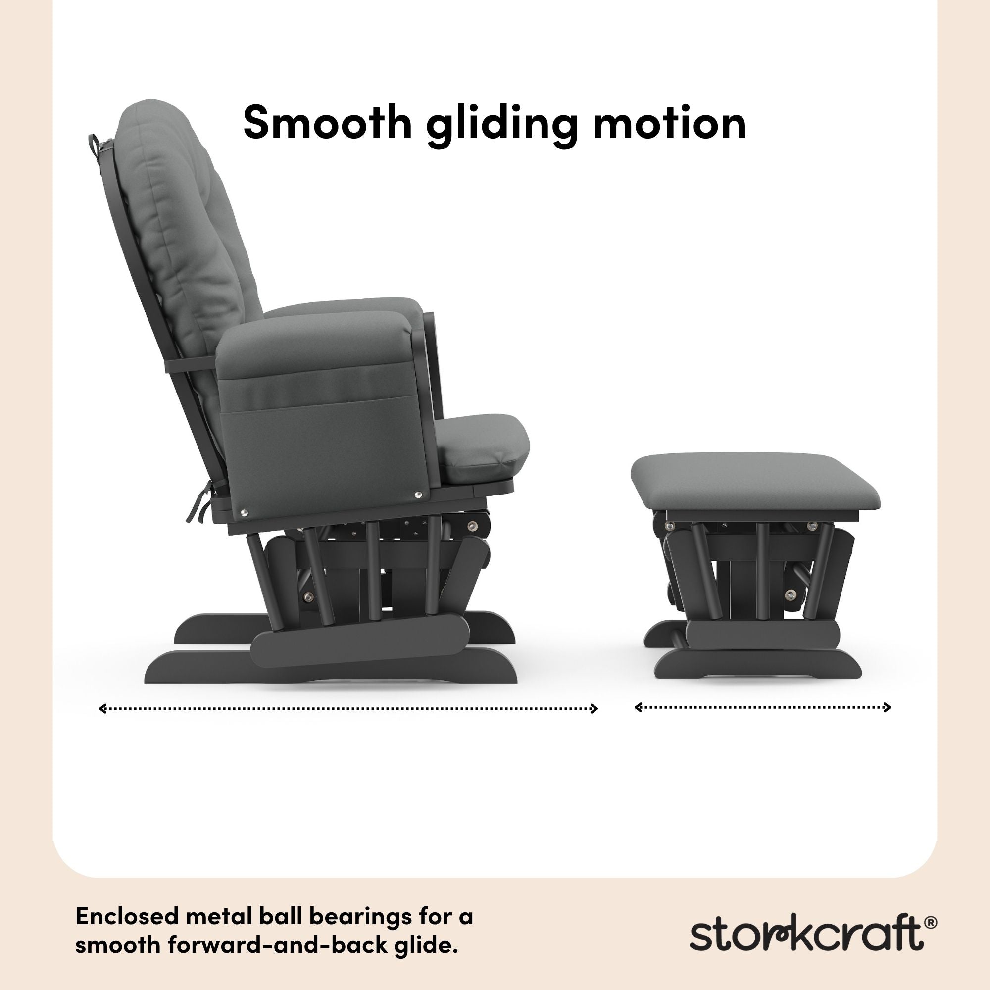 hoop glider and ottoman gray frame with gray cushions smooth gliding motion callout