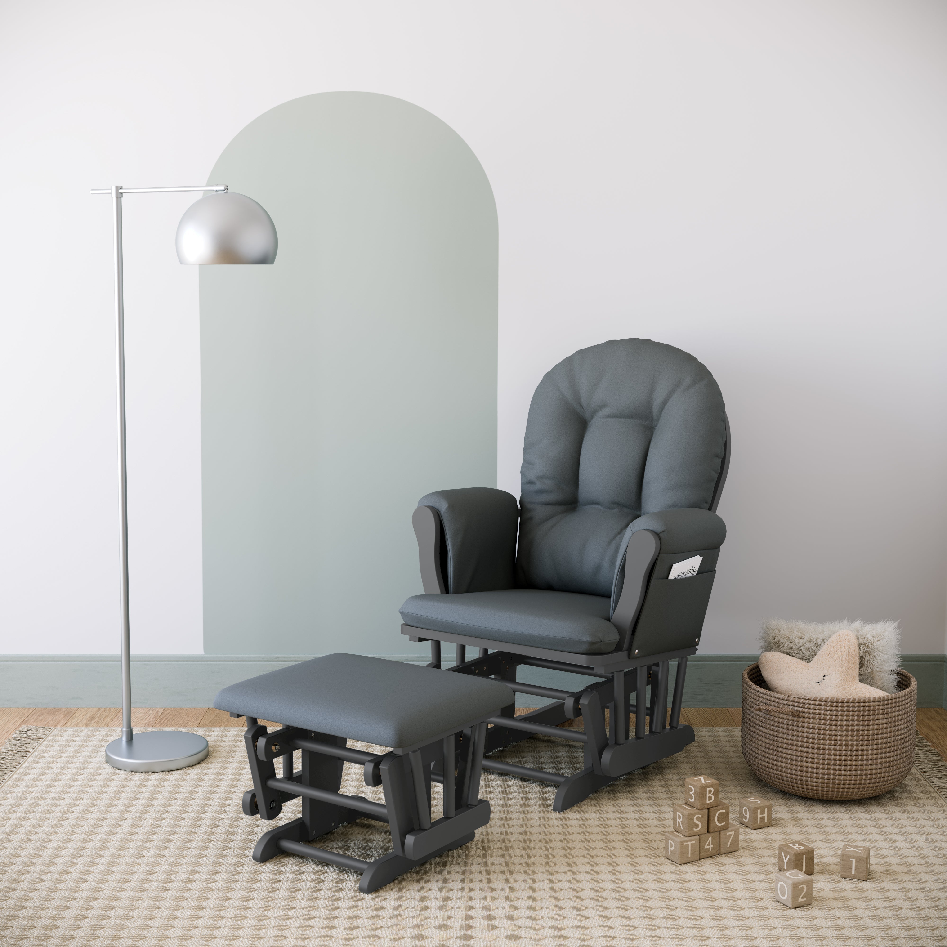 gray glider and ottoman with gray cushions in nursery