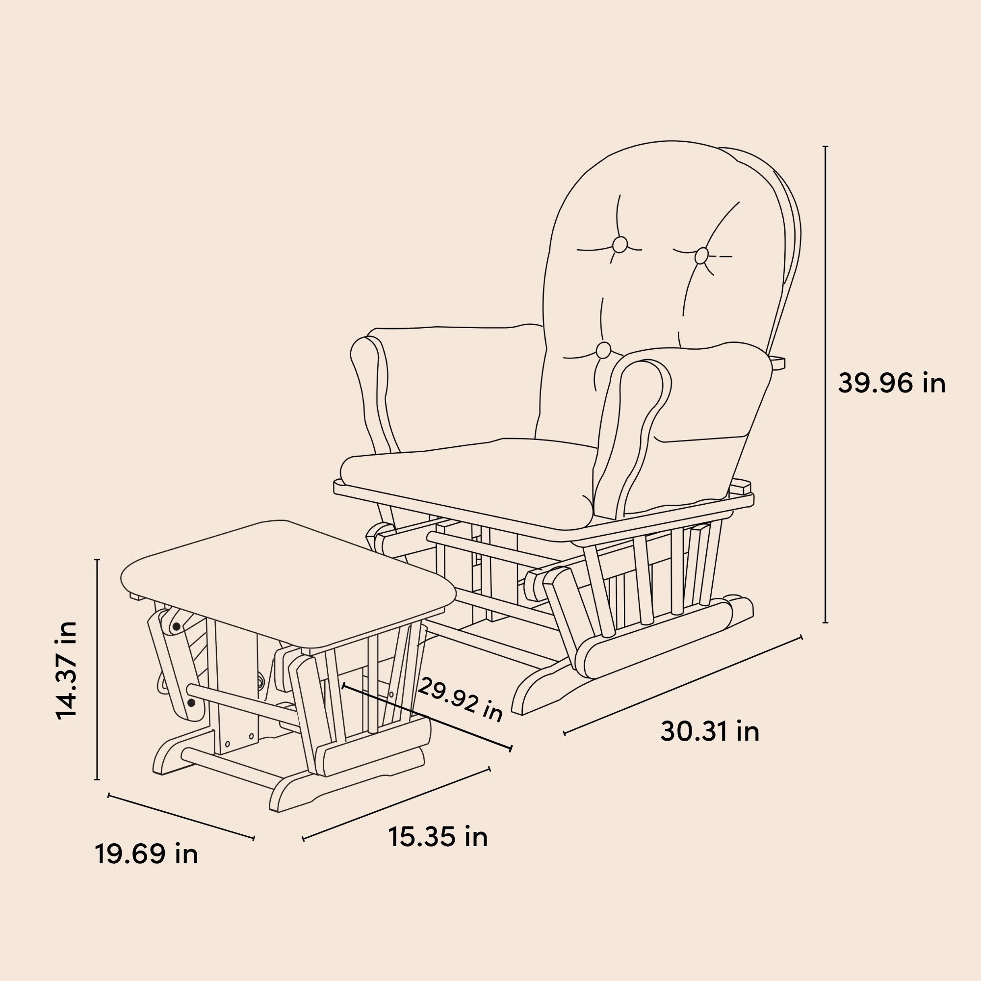 hoop glider and ottoman drawing with dimensions