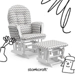 hoop glider and ottoman white frame with gray chevron cushions with black doodles overlaid on image