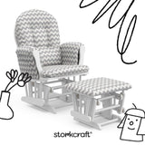 hoop glider and ottoman white frame with gray chevron cushions with black doodles overlaid on image