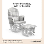 hoop glider and ottoman white frame with gray chevron cushions style callout