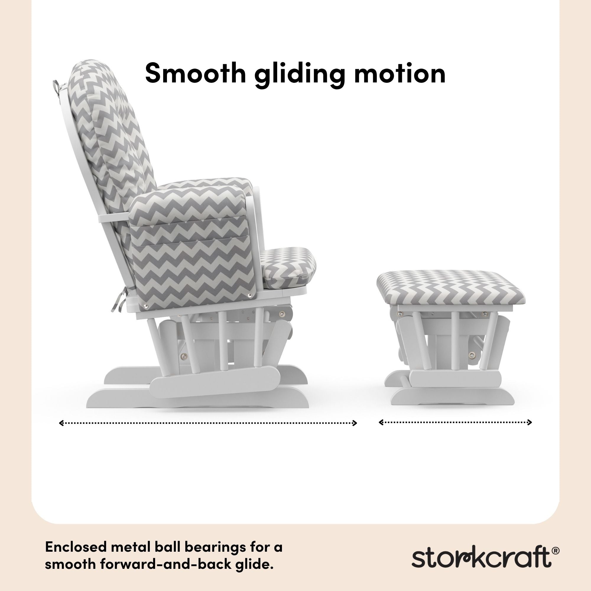 hoop glider and ottoman white frame with gray chevron cushions smooth gliding motion callout