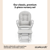 hoop glider and ottoman white frame with gray chevron cushions 2-piece nursery set callout