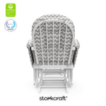 hoop glider and ottoman white frame with gray chevron cushions with GGG and PTPA logo on top left