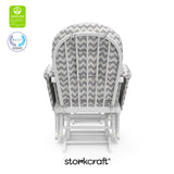 hoop glider and ottoman white frame with gray chevron cushions with GGG and PTPA logo on top left