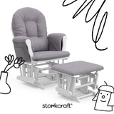 hoop glider and ottoman white frame with gray swirl cushions with black doodles overlaid on image