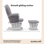 hoop glider and ottoman white frame with gray swirl cushions smooth gliding motion callout