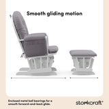 hoop glider and ottoman white frame with gray swirl cushions smooth gliding motion callout