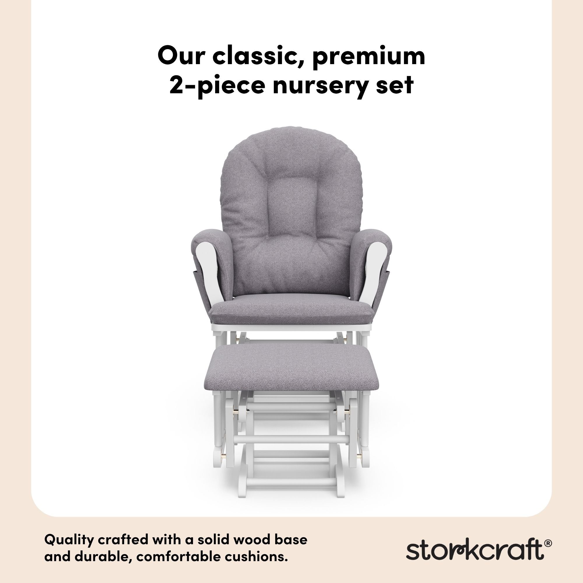 hoop glider and ottoman white frame with gray swirl cushions 2-piece nursery set callout