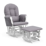 white glider with gray swirl cushions with ottoman angled view