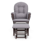 espresso glider and ottoman with gray swirl cushions front view