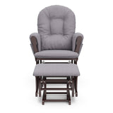 espresso glider and ottoman with gray swirl cushions front view