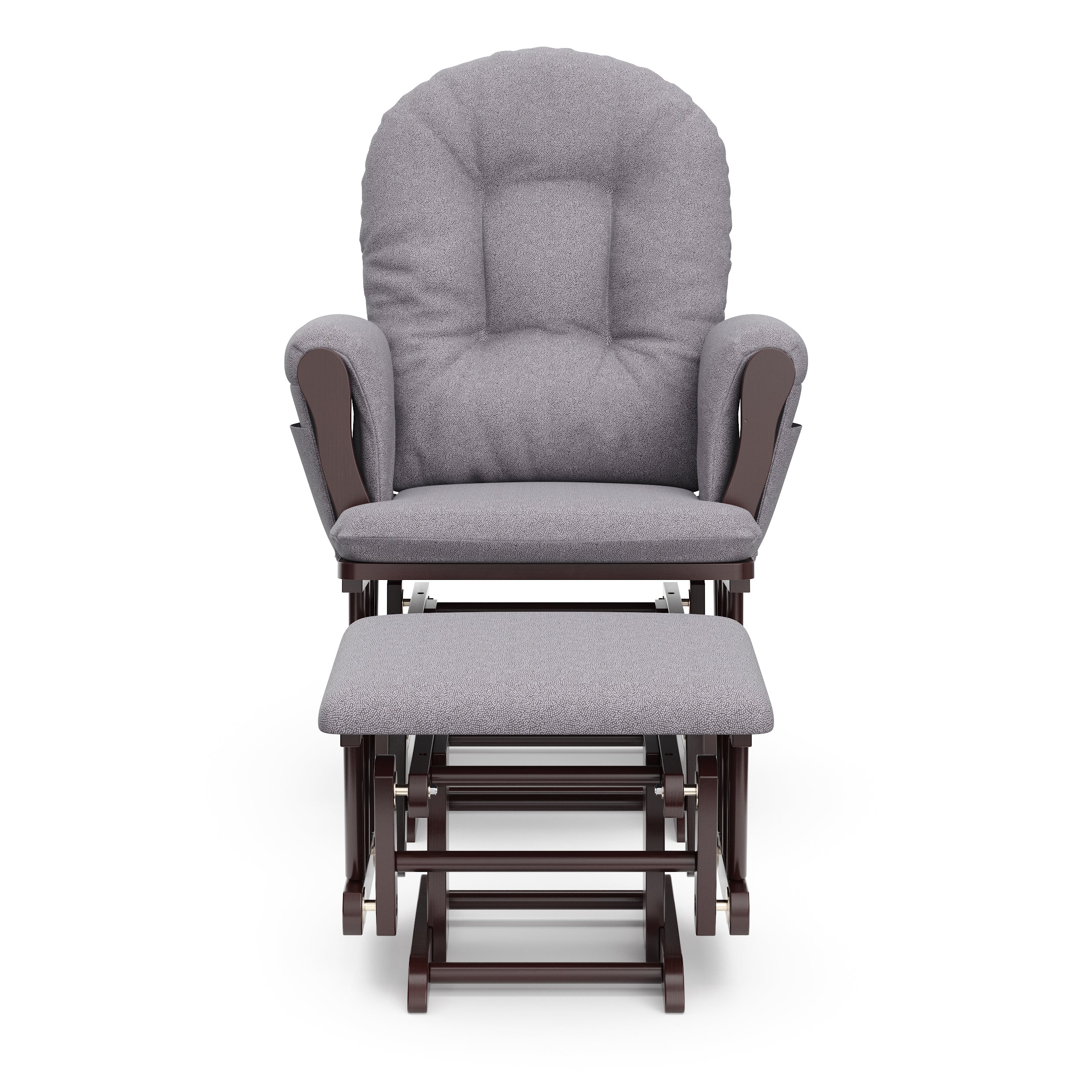espresso glider and ottoman with gray swirl cushions front view