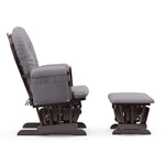 espresso glider and ottoman with gray swirl cushions side view