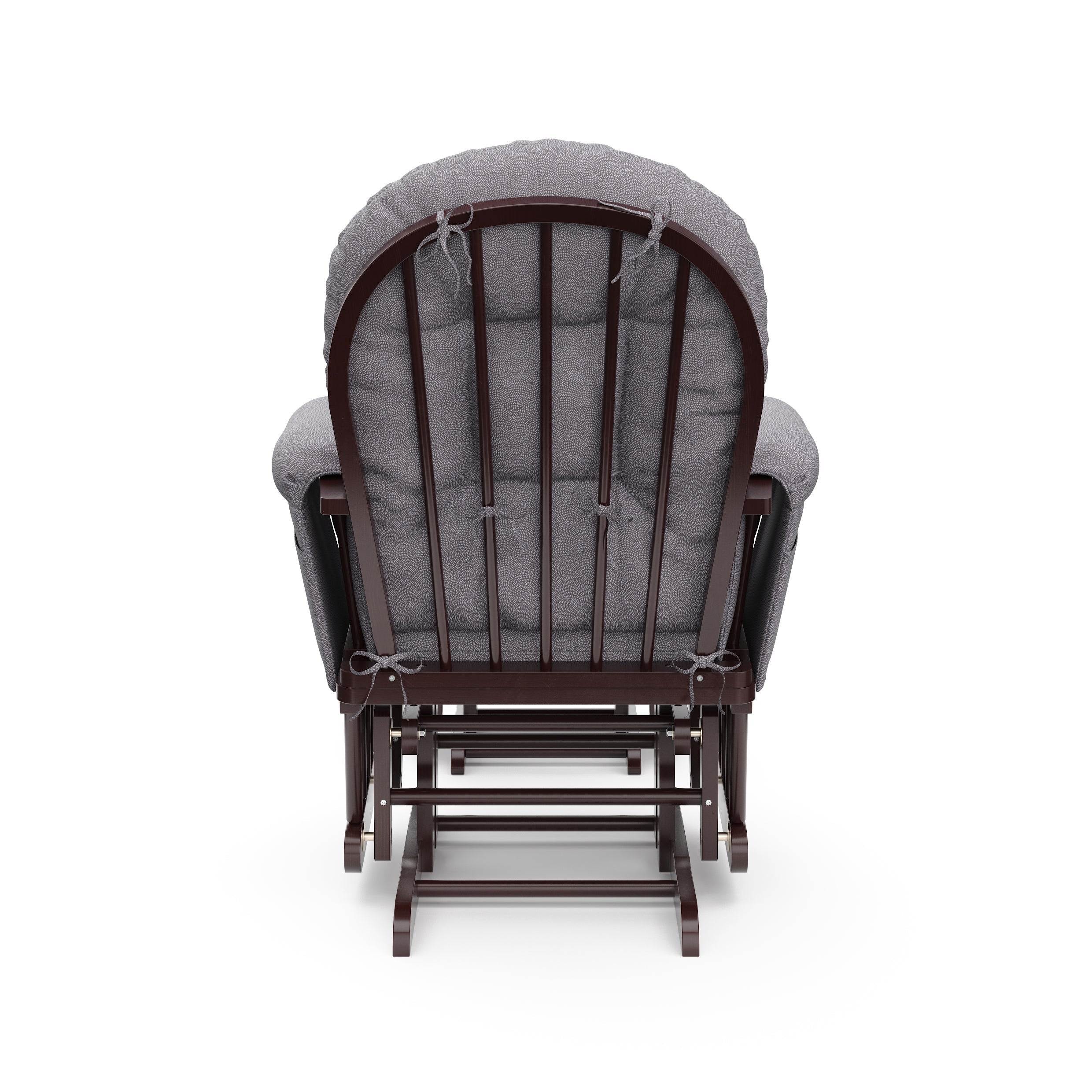 espresso glider and ottoman with gray swirl cushions back view