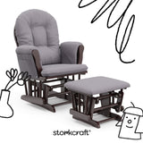 hoop glider and ottoman espresso frame with gray swirl cushions with black doodles overlaid on image