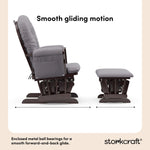 hoop glider and ottoman espresso frame with gray swirl cushions smooth gliding motion callout