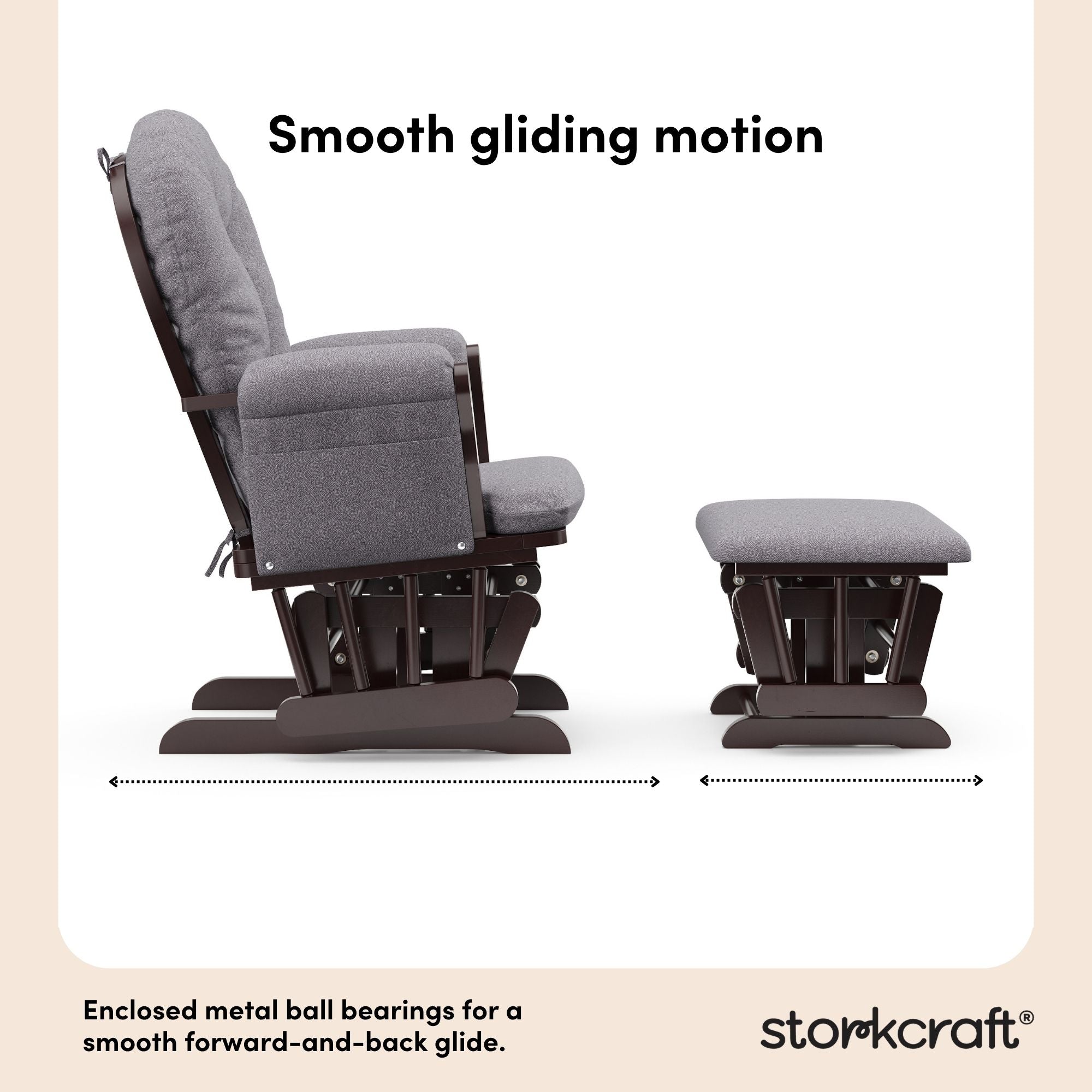 hoop glider and ottoman espresso frame with gray swirl cushions smooth gliding motion callout