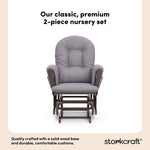 hoop glider and ottoman espresso frame with gray swirl cushions 2-piece nursery set callout