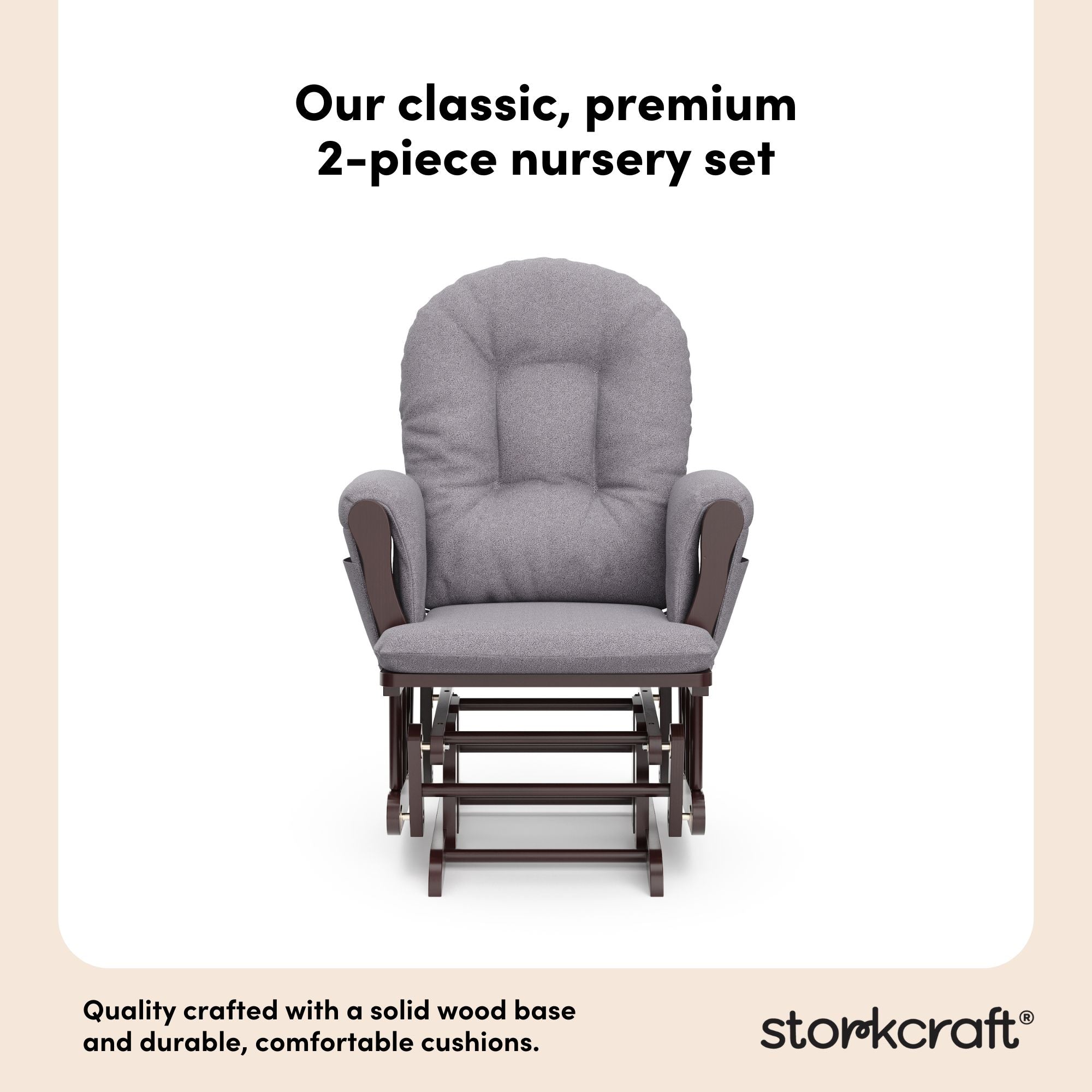 hoop glider and ottoman espresso frame with gray swirl cushions 2-piece nursery set callout