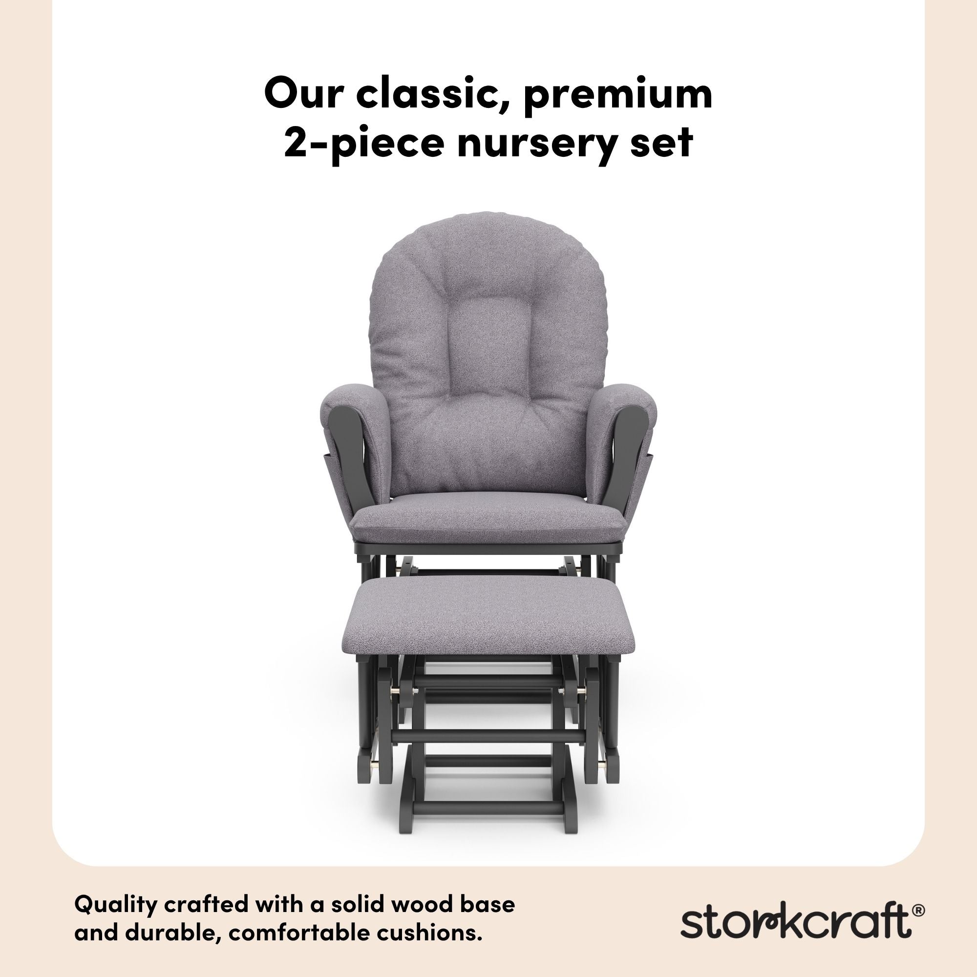 hoop glider and ottoman gray frame with gray swirl cushions 2-piece nursery set callout