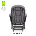 hoop glider and ottoman gray frame with gray swirl cushions with GGG and PTPA logo on top left