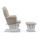 hoop glider and ottoman white frame with taupe swirl cushions side view