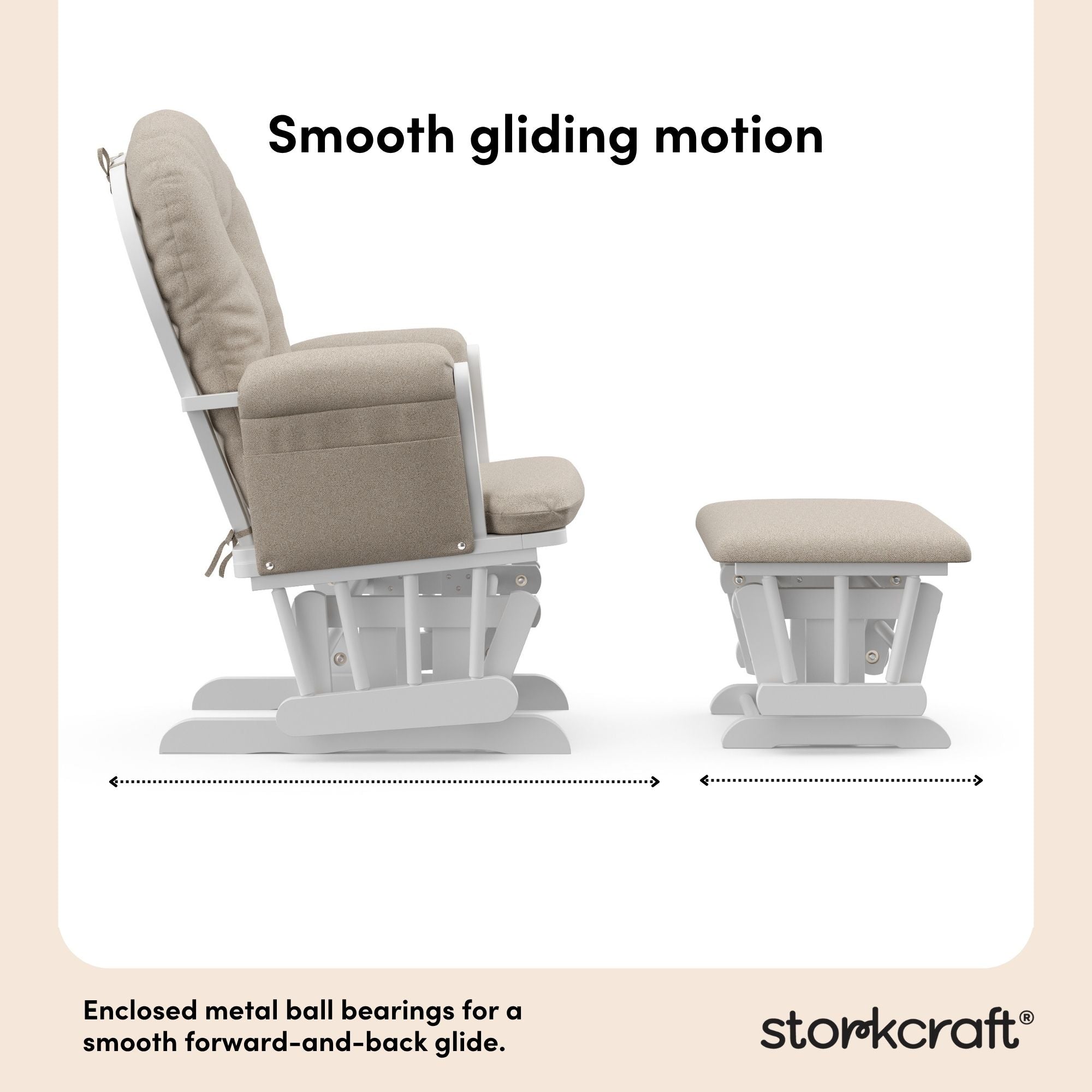 hoop glider and ottoman white frame with taupe swirl cushions smooth gliding motion callout