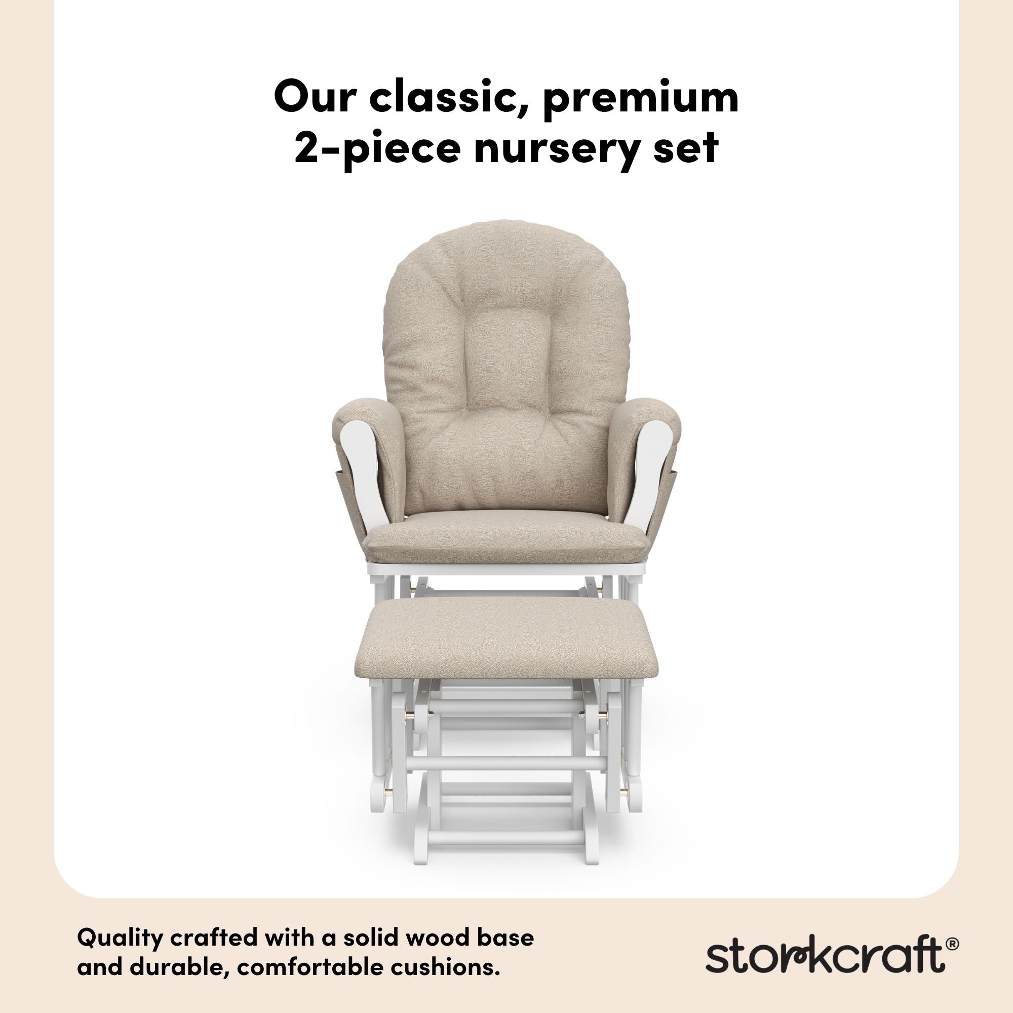 hoop glider and ottoman white frame with taupe swirl cushions 2-piece nursery set callout