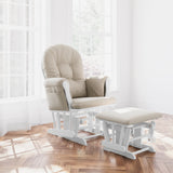 hoop glider and ottoman white frame with taupe swirl cushions in nursery